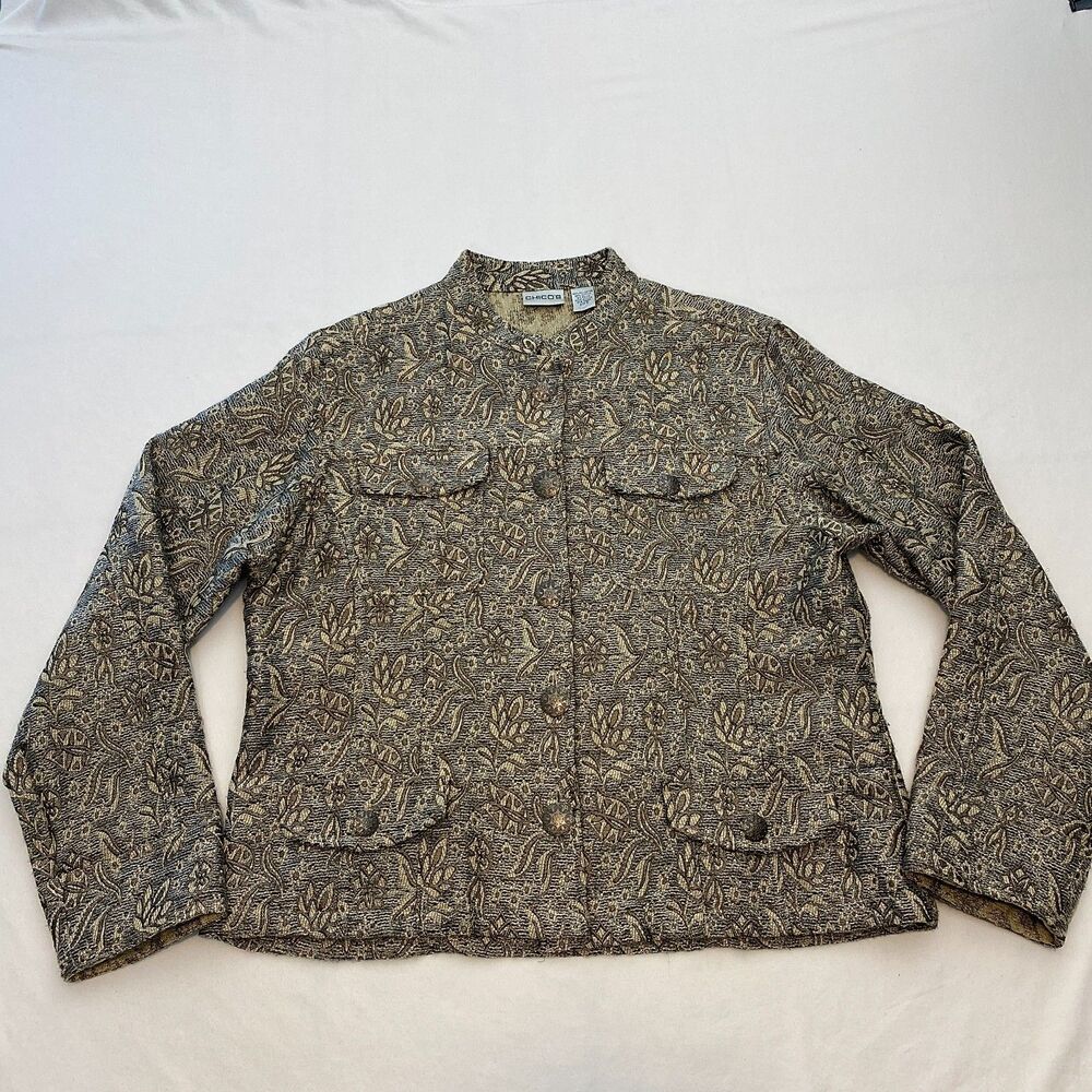 Chicos Tapestry Jacket Button Up Gray Floral Pockets Military Womens Large 2
